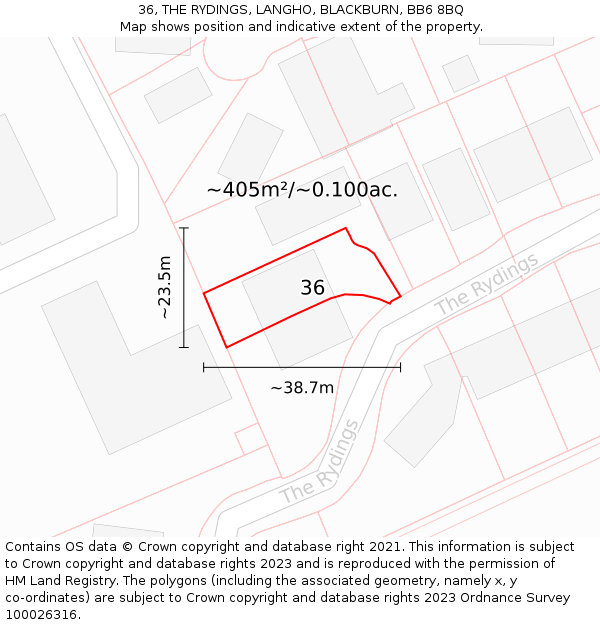 36, THE RYDINGS, LANGHO, BLACKBURN, BB6 8BQ: Plot and title map