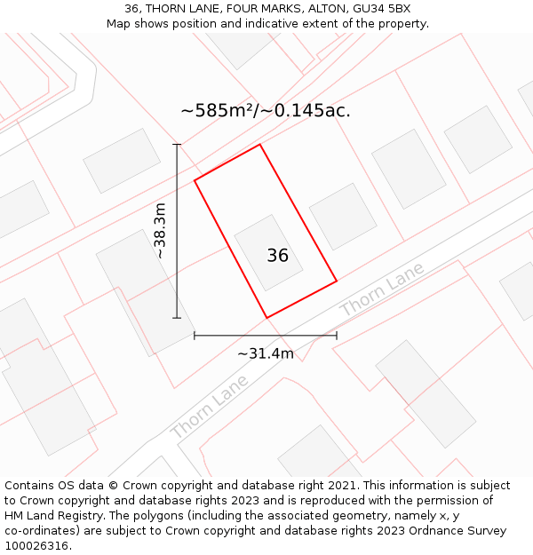 36, THORN LANE, FOUR MARKS, ALTON, GU34 5BX: Plot and title map