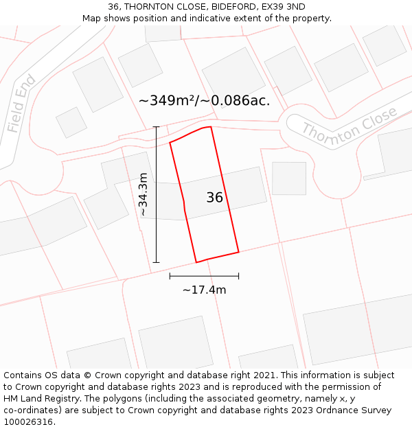36, THORNTON CLOSE, BIDEFORD, EX39 3ND: Plot and title map