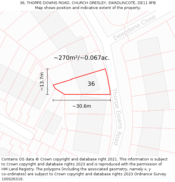 36, THORPE DOWNS ROAD, CHURCH GRESLEY, SWADLINCOTE, DE11 9FB: Plot and title map