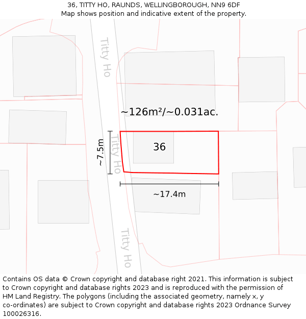 36, TITTY HO, RAUNDS, WELLINGBOROUGH, NN9 6DF: Plot and title map
