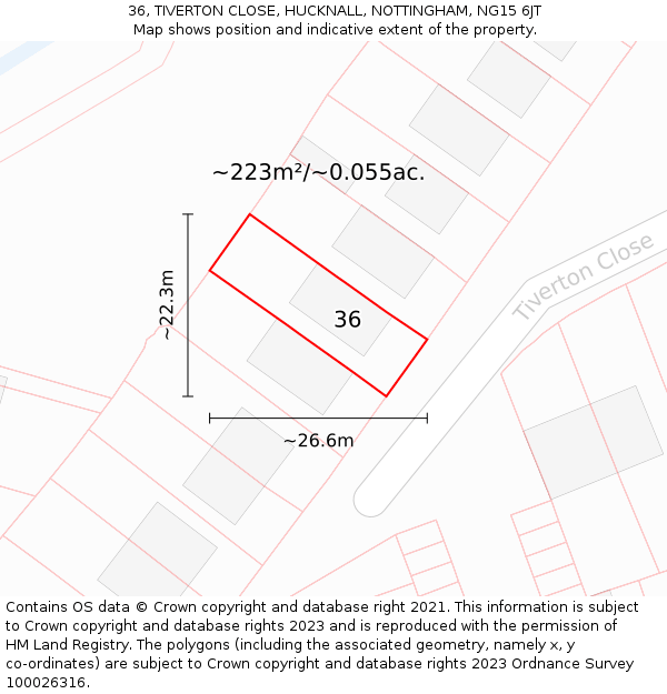 36, TIVERTON CLOSE, HUCKNALL, NOTTINGHAM, NG15 6JT: Plot and title map
