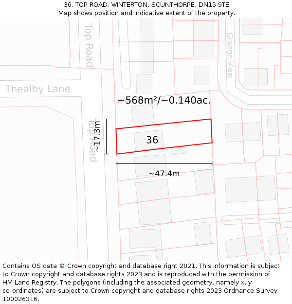 36, TOP ROAD, WINTERTON, SCUNTHORPE, DN15 9TE: Plot and title map