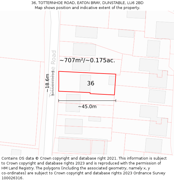 36, TOTTERNHOE ROAD, EATON BRAY, DUNSTABLE, LU6 2BD: Plot and title map