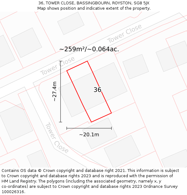 36, TOWER CLOSE, BASSINGBOURN, ROYSTON, SG8 5JX: Plot and title map