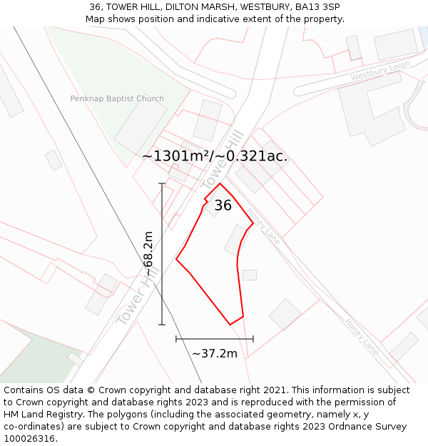 36, TOWER HILL, DILTON MARSH, WESTBURY, BA13 3SP: Plot and title map