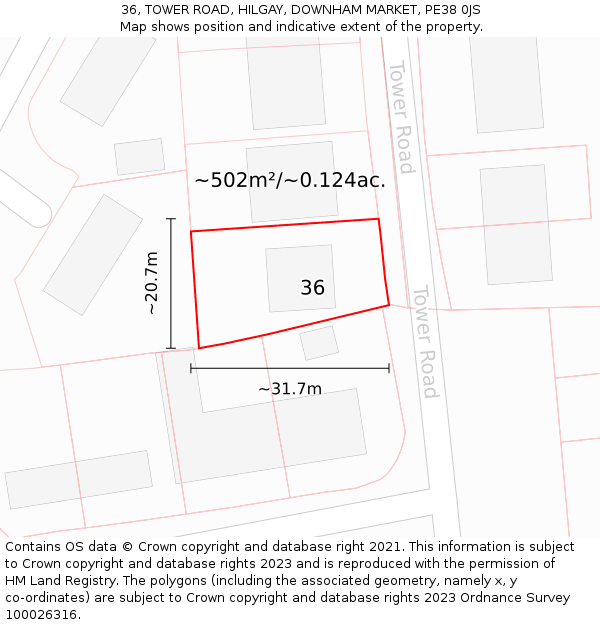 36, TOWER ROAD, HILGAY, DOWNHAM MARKET, PE38 0JS: Plot and title map
