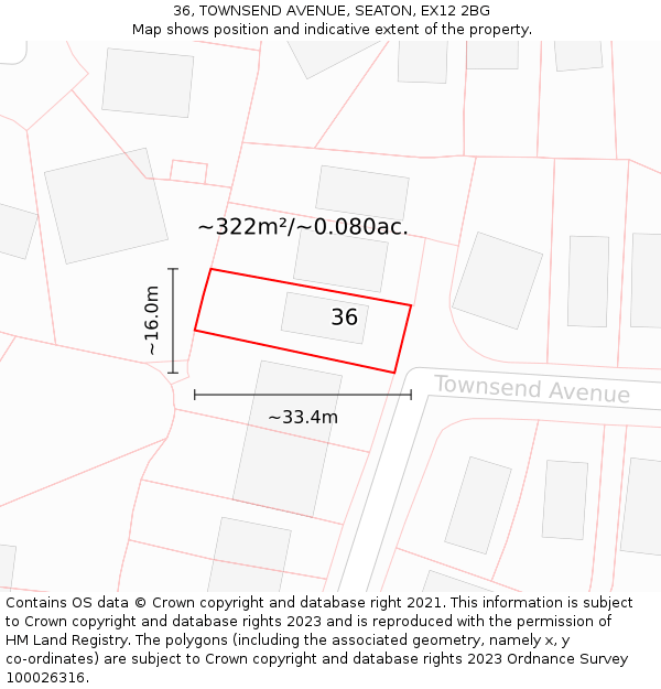 36, TOWNSEND AVENUE, SEATON, EX12 2BG: Plot and title map
