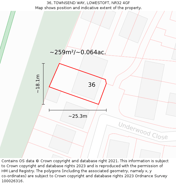 36, TOWNSEND WAY, LOWESTOFT, NR32 4GF: Plot and title map