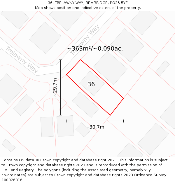 36, TRELAWNY WAY, BEMBRIDGE, PO35 5YE: Plot and title map