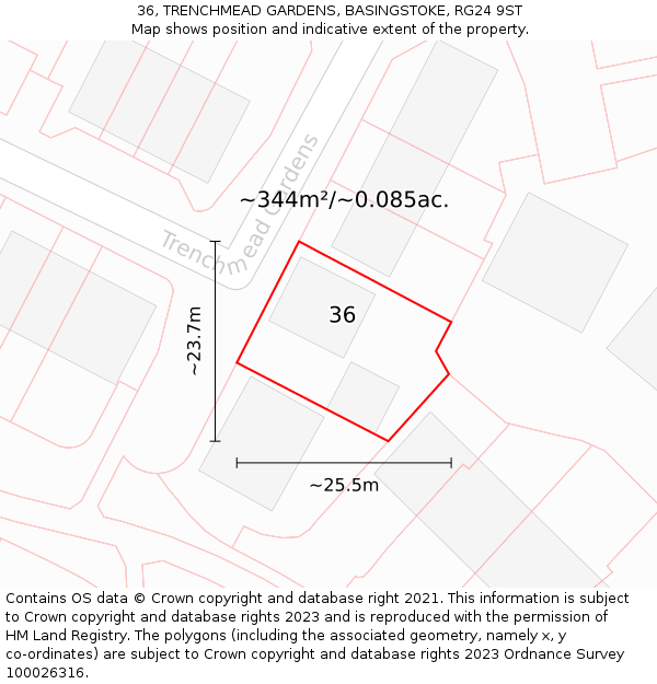 36, TRENCHMEAD GARDENS, BASINGSTOKE, RG24 9ST: Plot and title map