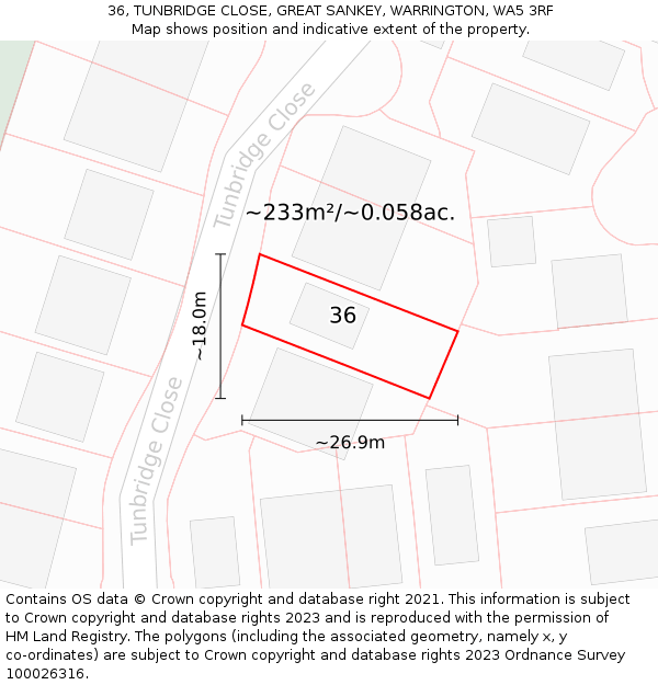 36, TUNBRIDGE CLOSE, GREAT SANKEY, WARRINGTON, WA5 3RF: Plot and title map