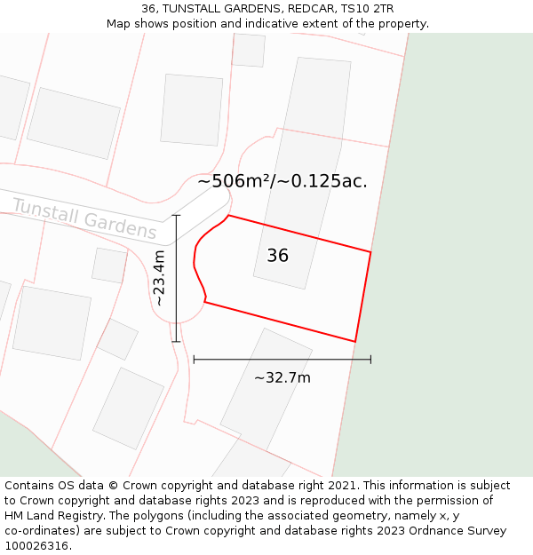 36, TUNSTALL GARDENS, REDCAR, TS10 2TR: Plot and title map