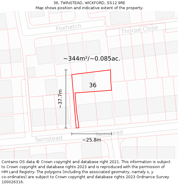 36, TWINSTEAD, WICKFORD, SS12 9RE: Plot and title map