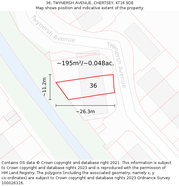 36, TWYNERSH AVENUE, CHERTSEY, KT16 9DE: Plot and title map