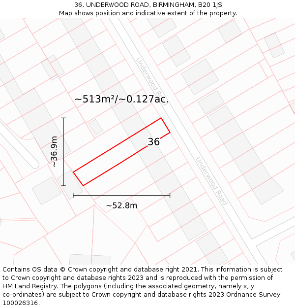 36, UNDERWOOD ROAD, BIRMINGHAM, B20 1JS: Plot and title map