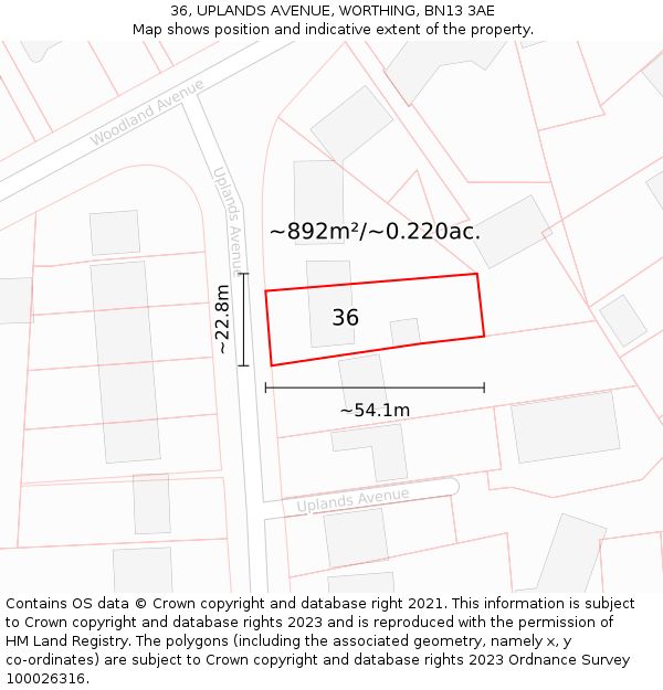 36, UPLANDS AVENUE, WORTHING, BN13 3AE: Plot and title map