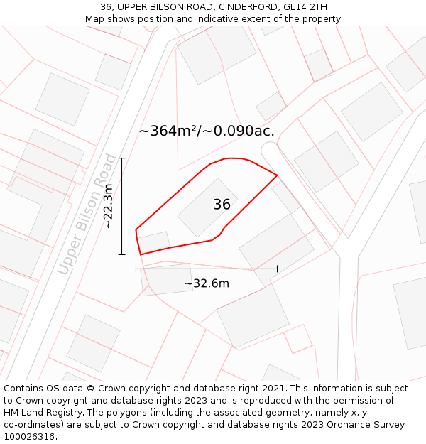 36, UPPER BILSON ROAD, CINDERFORD, GL14 2TH: Plot and title map