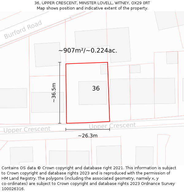 36, UPPER CRESCENT, MINSTER LOVELL, WITNEY, OX29 0RT: Plot and title map