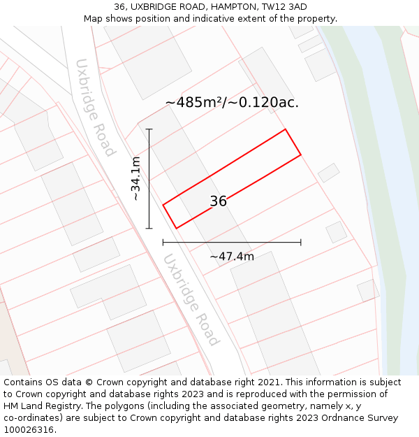 36, UXBRIDGE ROAD, HAMPTON, TW12 3AD: Plot and title map