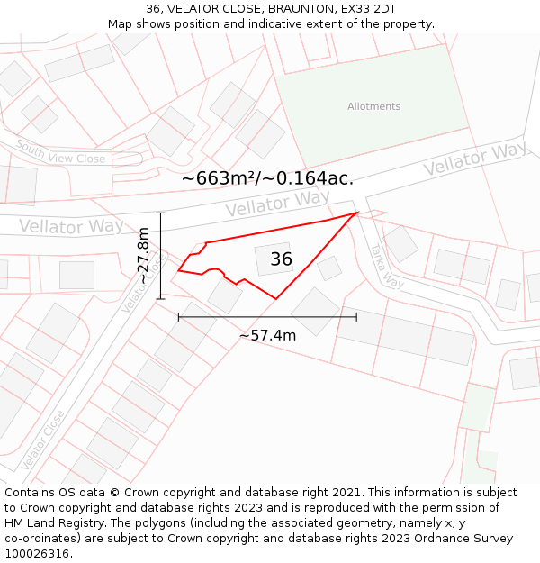 36, VELATOR CLOSE, BRAUNTON, EX33 2DT: Plot and title map