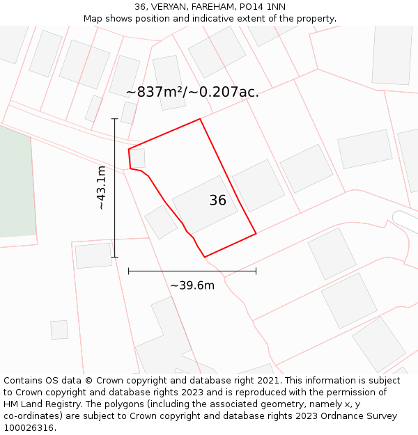 36, VERYAN, FAREHAM, PO14 1NN: Plot and title map