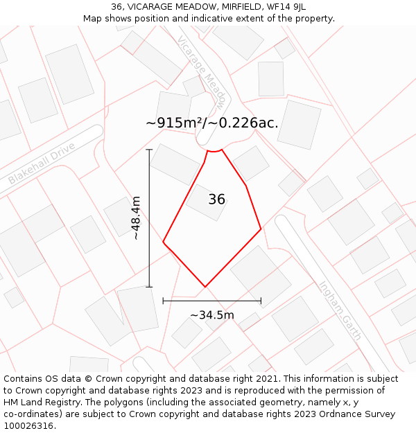 36, VICARAGE MEADOW, MIRFIELD, WF14 9JL: Plot and title map