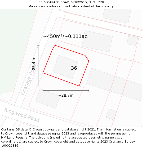 36, VICARAGE ROAD, VERWOOD, BH31 7DP: Plot and title map