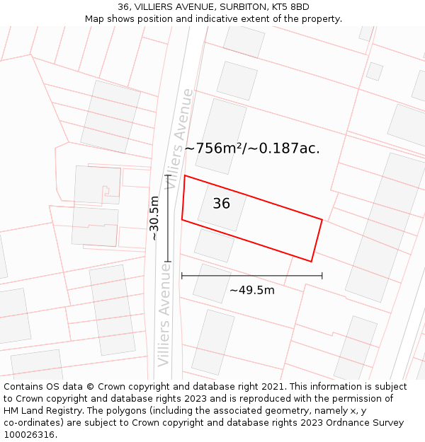 36, VILLIERS AVENUE, SURBITON, KT5 8BD: Plot and title map