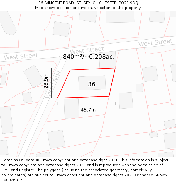 36, VINCENT ROAD, SELSEY, CHICHESTER, PO20 9DQ: Plot and title map