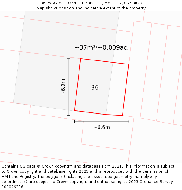 36, WAGTAIL DRIVE, HEYBRIDGE, MALDON, CM9 4UD: Plot and title map