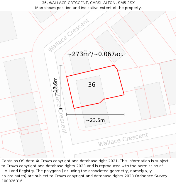 36, WALLACE CRESCENT, CARSHALTON, SM5 3SX: Plot and title map