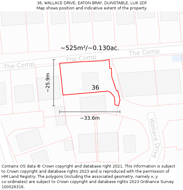 36, WALLACE DRIVE, EATON BRAY, DUNSTABLE, LU6 2DF: Plot and title map