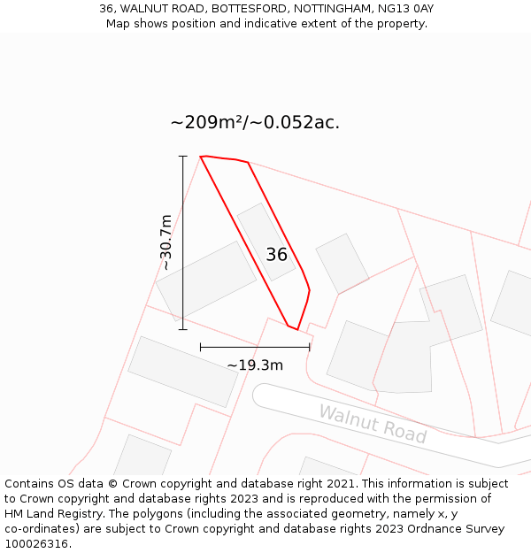 36, WALNUT ROAD, BOTTESFORD, NOTTINGHAM, NG13 0AY: Plot and title map