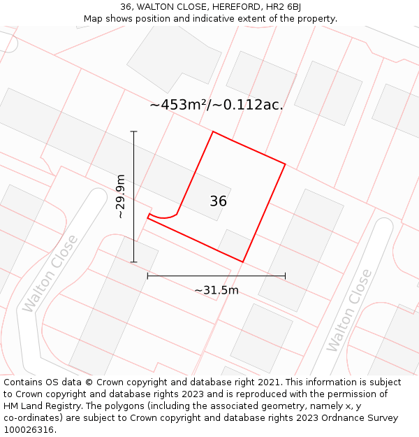 36, WALTON CLOSE, HEREFORD, HR2 6BJ: Plot and title map