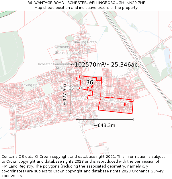 36, WANTAGE ROAD, IRCHESTER, WELLINGBOROUGH, NN29 7HE: Plot and title map