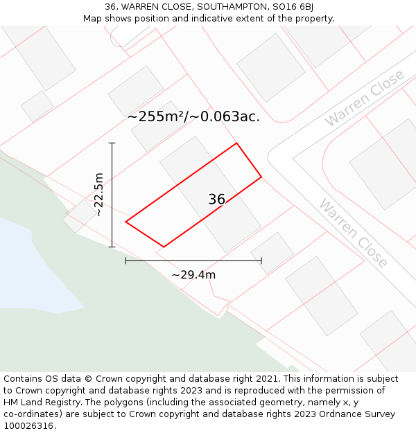 36, WARREN CLOSE, SOUTHAMPTON, SO16 6BJ: Plot and title map