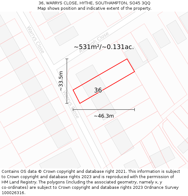 36, WARRYS CLOSE, HYTHE, SOUTHAMPTON, SO45 3QQ: Plot and title map