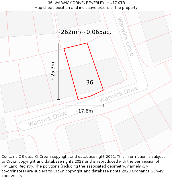36, WARWICK DRIVE, BEVERLEY, HU17 9TB: Plot and title map