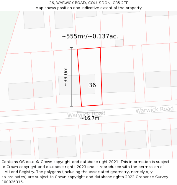 36, WARWICK ROAD, COULSDON, CR5 2EE: Plot and title map