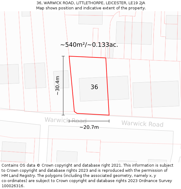 36, WARWICK ROAD, LITTLETHORPE, LEICESTER, LE19 2JA: Plot and title map