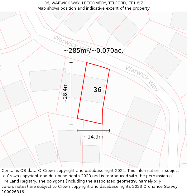 36, WARWICK WAY, LEEGOMERY, TELFORD, TF1 6JZ: Plot and title map