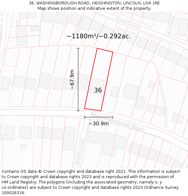 36, WASHINGBOROUGH ROAD, HEIGHINGTON, LINCOLN, LN4 1RE: Plot and title map