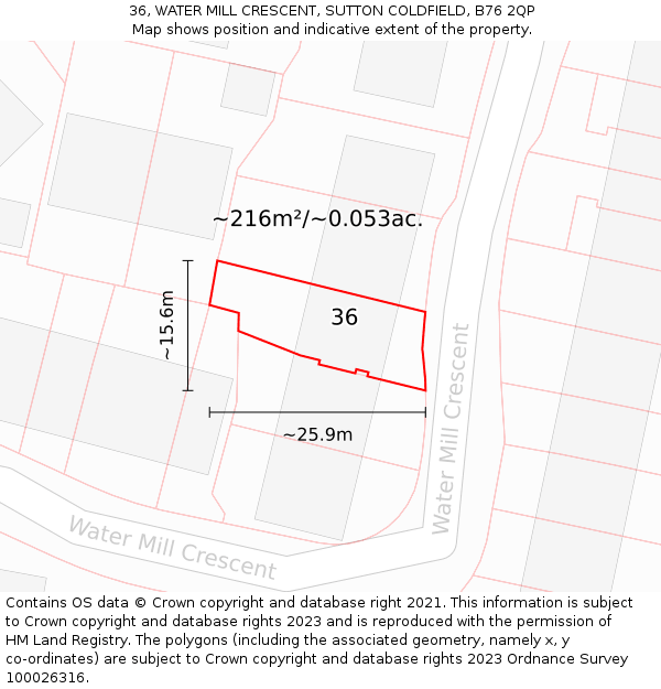 36, WATER MILL CRESCENT, SUTTON COLDFIELD, B76 2QP: Plot and title map