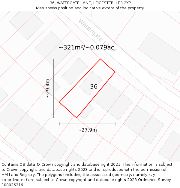 36, WATERGATE LANE, LEICESTER, LE3 2XP: Plot and title map