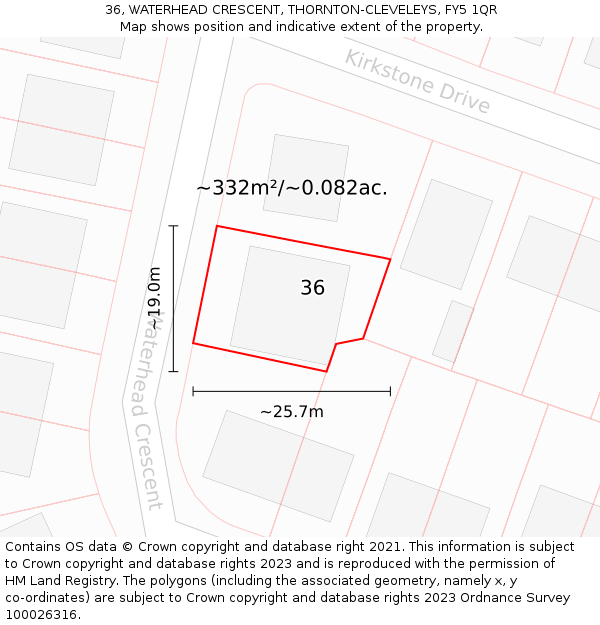 36, WATERHEAD CRESCENT, THORNTON-CLEVELEYS, FY5 1QR: Plot and title map