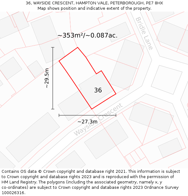 36, WAYSIDE CRESCENT, HAMPTON VALE, PETERBOROUGH, PE7 8HX: Plot and title map