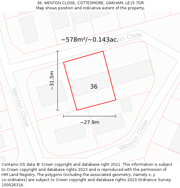 36, WENTON CLOSE, COTTESMORE, OAKHAM, LE15 7DR: Plot and title map