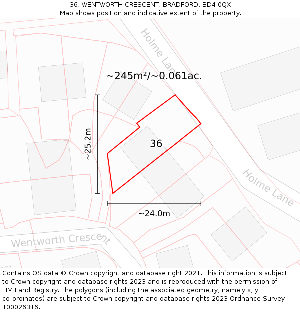 36, WENTWORTH CRESCENT, BRADFORD, BD4 0QX: Plot and title map