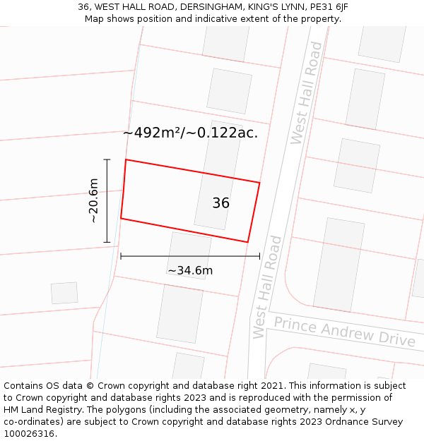 36, WEST HALL ROAD, DERSINGHAM, KING'S LYNN, PE31 6JF: Plot and title map